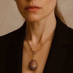 Vintage Oval Pendant Rhinestones Rope Design Brown Enamel Gold Tone Accents